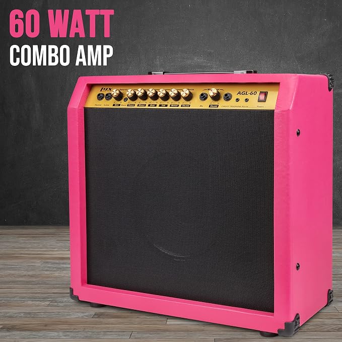 LyxPro 60 Watt Electric Guitar Amplifier | Combo Solid State Studio & Stage Amp with 10” 4-Ohm Speaker, Custom EQ Controls, Drive, Delay, ¼” Passive/Active/Mic Inputs, Aux In & Headphone Jack - Pink