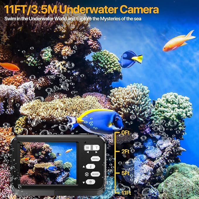4K Underwater Camera with 64GB Card, 11FT Waterproof Camera Dual-Screen Selfie Underwater Cameras for Snorkeling 16X Digital Zoom Waterproof Digital Camera 2 Batteries (Black)