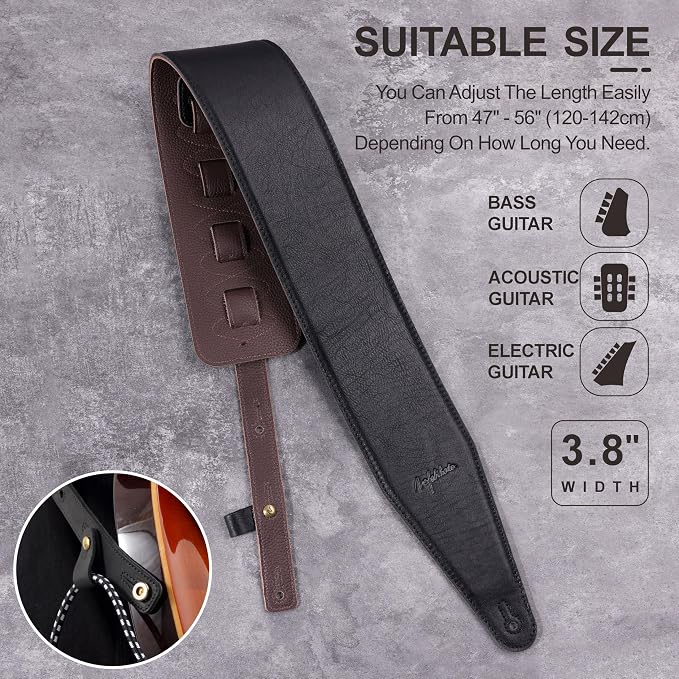 Nefelibata 3.8" Wide Guitar Strap, Full Grain Italian Leather Adjustable Guitar Straps with Foam Padding for Bass, Electric, and Acoustic Guitars