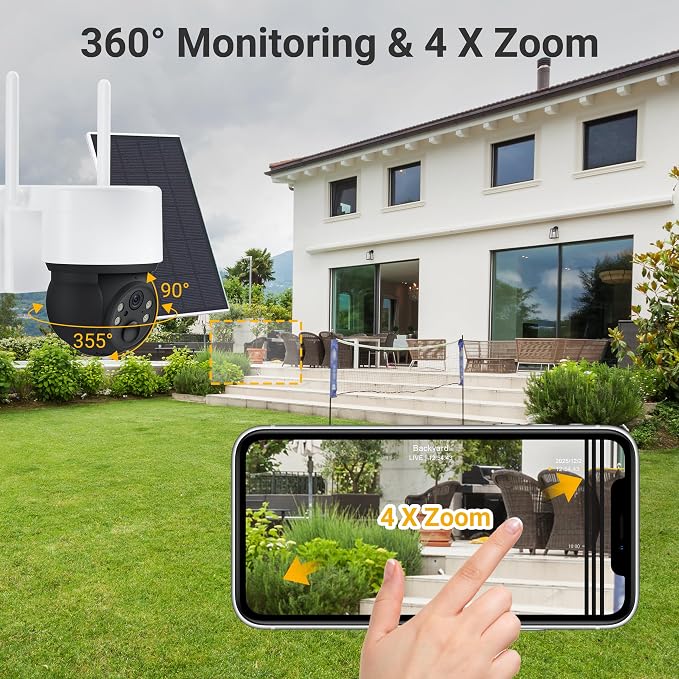 Solar Cameras for Home Security, Security Cameras Wireless Outdoor, 360° Pan & Tilt View, Battery-Powered Outdoor Camera with PIR Motion Detection, Two-Way Audio, Night Vision, Compatible with Alexa