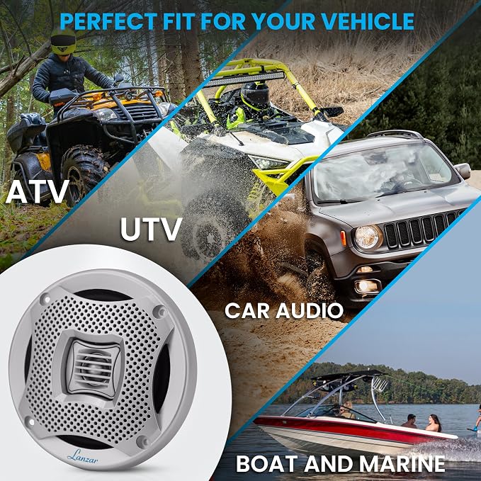 LANZAR 6.25 Inch Marine Speakers - 2 Way Water Resistant Audio Stereo Sound System with 400 Watt Power, Attachable Grills and Resin Treatment for Indoor and Outdoor Use - 1 Pair - AQ6CXS (Silver)