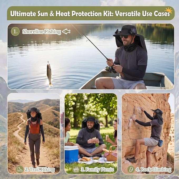 3 Pcs Solar Fan Hat with Arm Sleeves Neck Gaiter Wide Brim Sun Hat Solar Powered USB Charging for Men Women