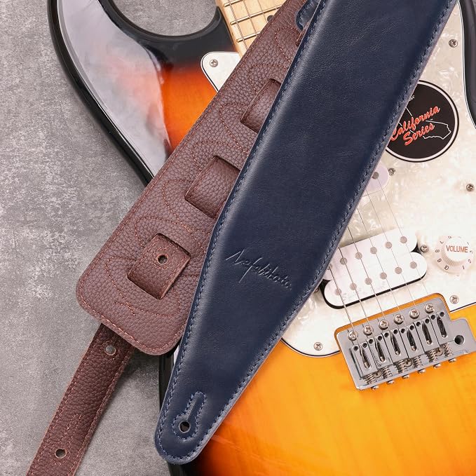 Nefelibata 3" Wide Guitar Strap, Full Grain Italian Leather Adjustable Guitar Straps with Foam Padding for Bass, Electric, and Acoustic Guitars