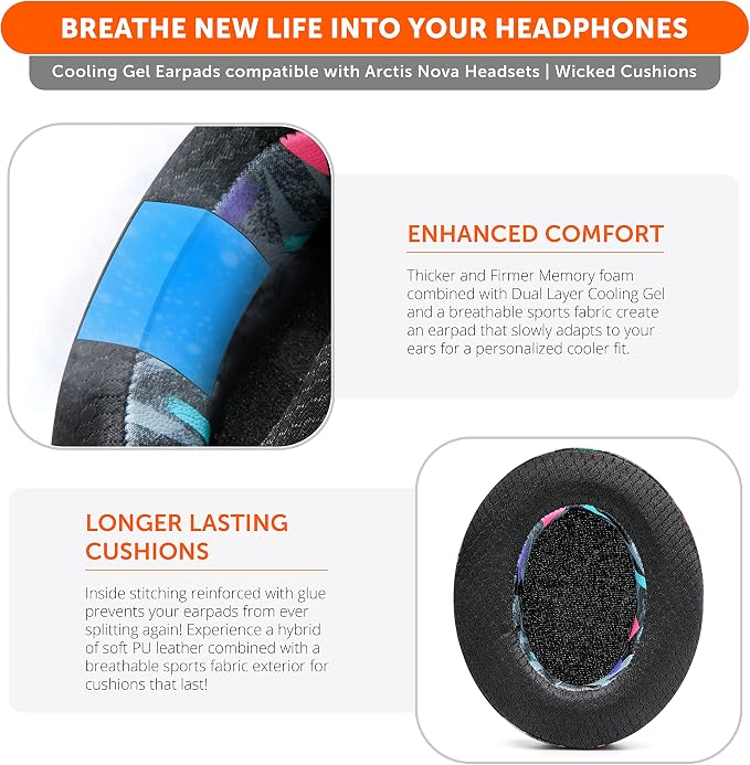 WC Freeze for Arctis Nova - Hybrid Fabric Cooling Gel Replacement Earpads for Arctis Nova Pro Wired, Nova 7, 5, 4, 3, 1 - Made by Wicked Cushions (Does Not Fit Nova Pro Wireless) | 90's Black