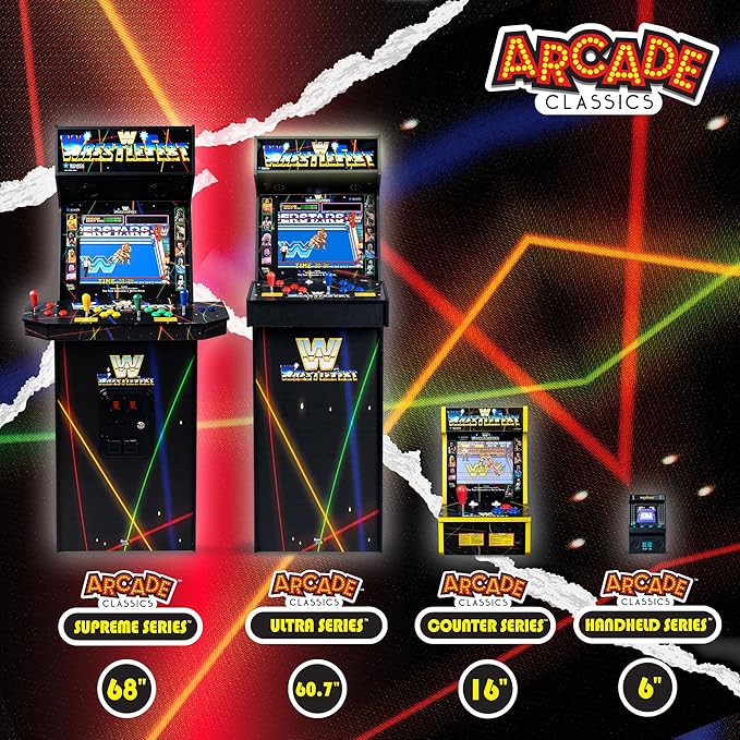 Arcade Classics - WWE Counter Series Game Machine, 4 Games, 8" Liquid Crystal Screen - Mini Cabinet, Portable Gaming, Retro, Countertop Console, Basement Decoration, Man Cave