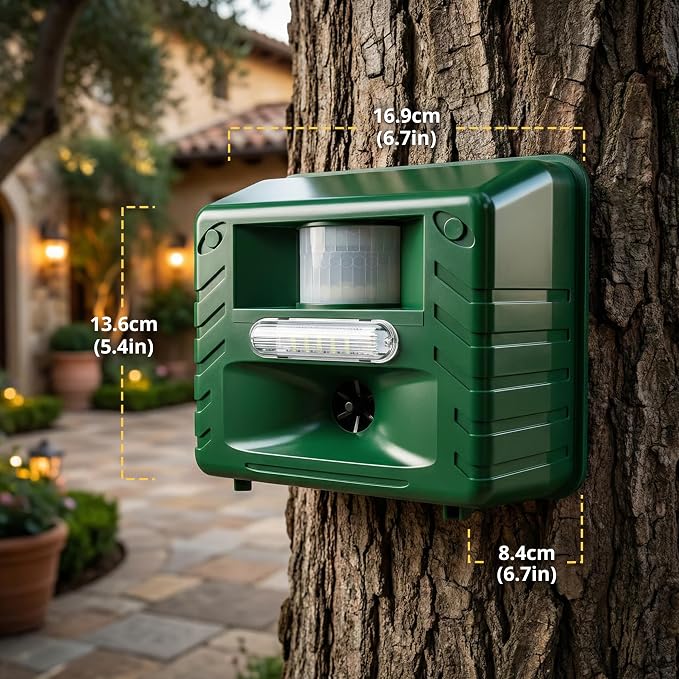 ASPECTEK Yard Sentinel Ultrasonic Animal Repeller with Strobe Light, 3 Mode Protection, Motion Sensor, Deterrent for Deer, Raccoons, Squirrels and Opossums AC and Battery Powered - 1 Pack