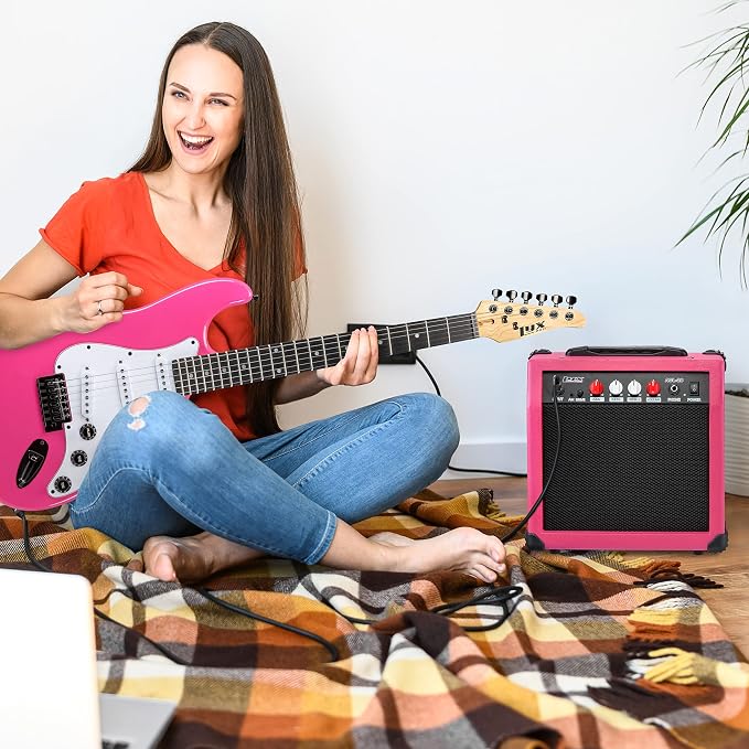 LyxPro Electric Guitar Amp 20 Watt Amplifier Built in Speaker Headphone Jack and Aux Input Includes Gain Bass Treble Volume and Grind - Pink