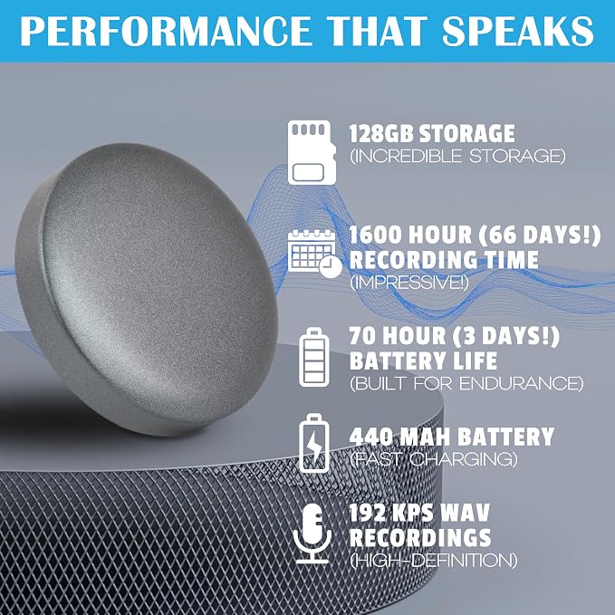 128GB Audio Recorder 1600 Hour Capacity, 3-Day Battery Life, Crystal-Clear Sound, Portable Digital Voice Recorder and MP3 Player Grabadora de Voz Recording Device Tape Recorder