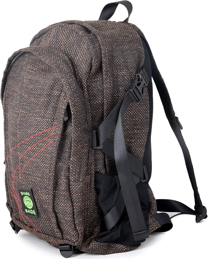 DIME BAGS Backpack For Travel & School, Durable Hempster Material, 9 Storage Compartments & 2 Side Bottle Pockets, Fits 17” Laptop, Adjustable Padded Straps, Hidden Internal Pocket (Earth)