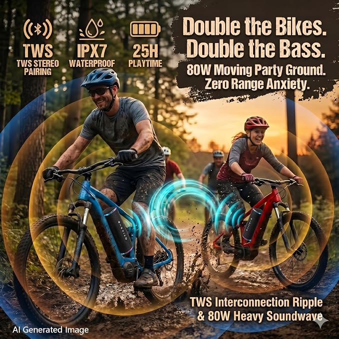 Bass Boosted Bluetooth Bike Speaker, IPX7 Waterproof Portable Wireless Outdoor Speaker, 25-Hour Playtime, LED Lights, TWS Pairing for Pool, Beach, Shower, Gifts (Black)
