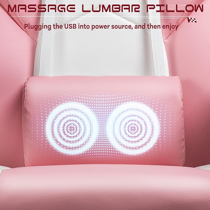 Meilocar Big and Tall Gaming Chair for Adults, 330lbs Heavy Duty Computer Chair with Footrest & Massage Lumbar Support, Wide Seat High Back Reclining Desk Chair, Pink