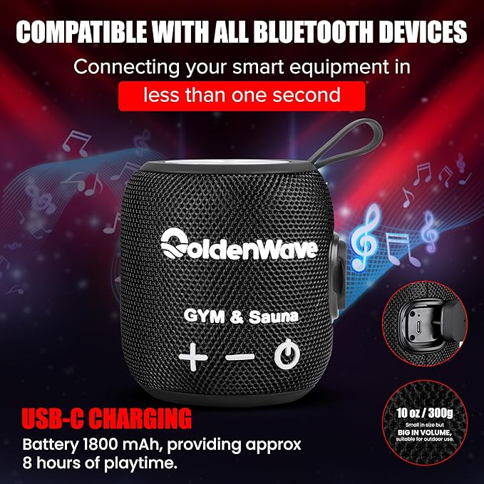 Golden Wave Waterproof Bluetooth Speaker - Portable Sauna Speaker, Heat Resistant to 149°F for Sauna, Gym, Beach, Shower & Outdoor Use (Black)