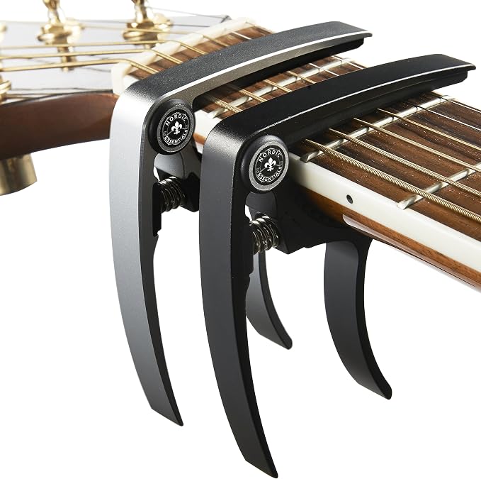 Guitar Capo (2 Pack) for Acoustic Guitars, Ukulele, Banjo, Mandolin, Bass - Made of Ultra Lightweight Aluminum Metal (1.2 oz!) for 6 & 12 String Instruments - Nordic Essentials, Black+Silver