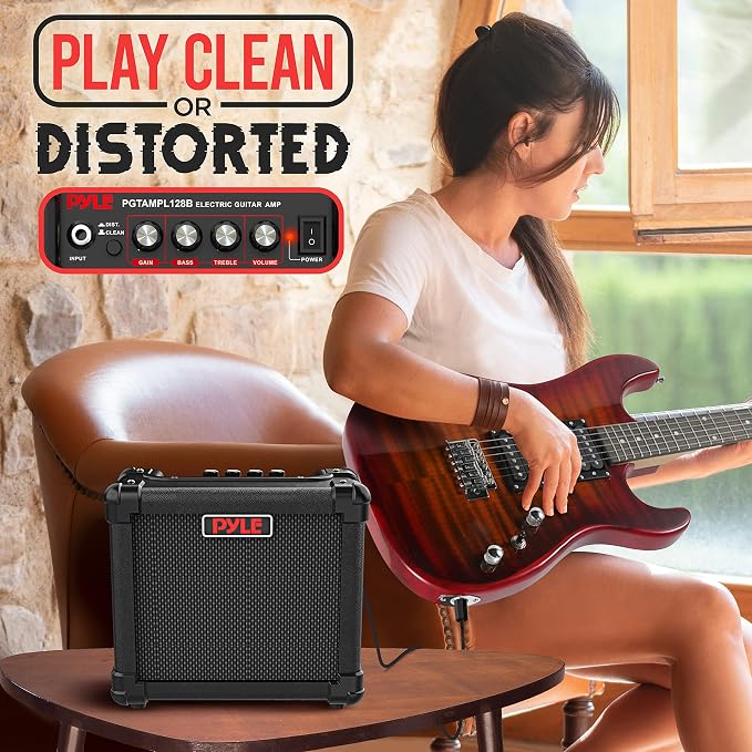 Pyle Portable Electric Guitar Amplifier - Battery or Wall Power 10 Watts Mini Instrument Amp with 5-Inch High Definition Speaker, Volume, Bass, Treble, Distortion, Gain Controls, AUX Input