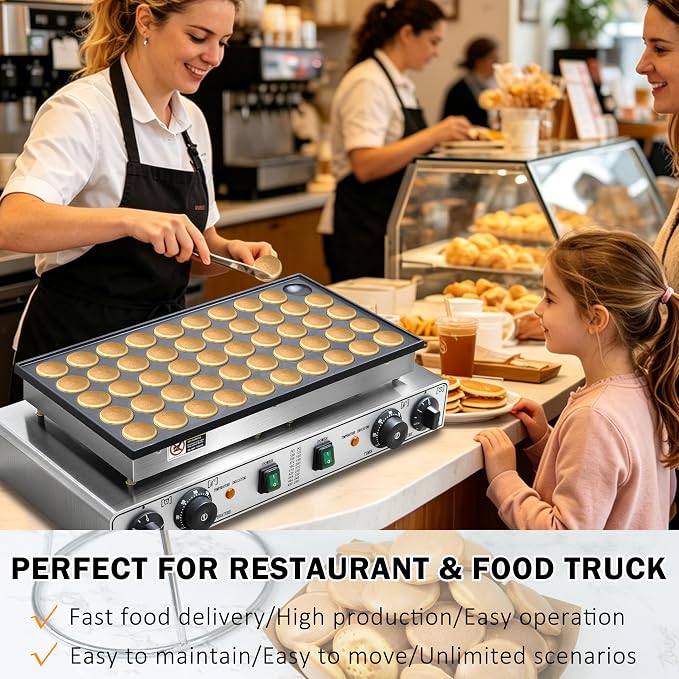 Commercial 50PCS Mini Dutch Pancake Maker 1900W, Adjustable Temp & Timer Control, Non-Stick Teflon Plates Easy to Clean, Durable Stainless Steel Body for Restaurant Catering