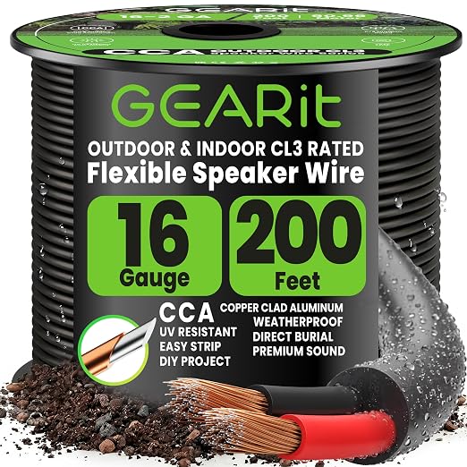 GEARit 16 Gauge Speaker Wire Cable,16 Gauge Wire CL3 Rated 200ft,Audio Cable with Red/Black Color Coded,Outdoor Speaker Wires for Home,Car,Outdoor,Patio,Garden,In-Wall,Backyard,CCA(Black,2-Conductors)