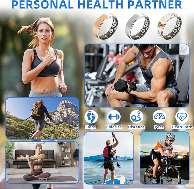 Smart Ring | No Subscription Fitness & Health Tracker Gold Size8 | 5ATM waterproof, 5day battery, Fitness & heart rate & SpO2 & pressure tracker, iOS & Android compatible, family care