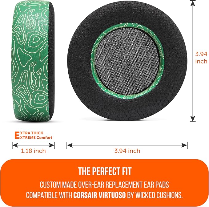 WC Freeze Virtuoso - Hybrid Fabric Cooling Gel Replacement Earpads for Corsair Virtuoso Gaming Headset, Made by Wicked Cushions, Improved Durability, Thickness and Sound Isolation | Emerald Tide