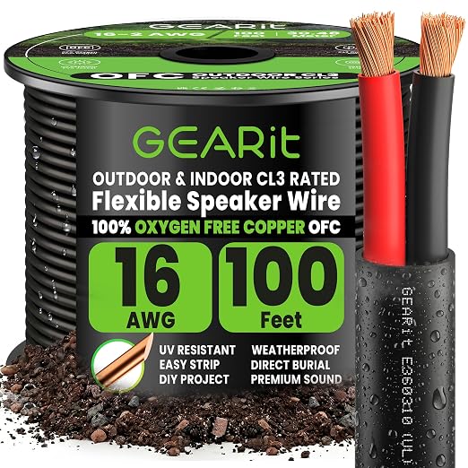 GEARit Outdoor Speaker Wire 16 Gauge 100 ft,16 Gauge Speaker Wire OFC UL CL3 Rated,Speaker Cable for Outdoor Speakers,Patio,Garden,Backyard Audio,Direct Burial in Ground/in Wall(Black,2-Conductors)