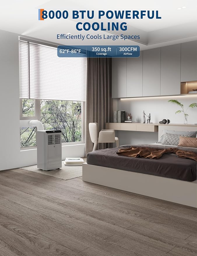 8,000 BTU Portable Air Conditioner, 4-In-1 Portable AC Units for Rooms with Fan, Dehumidifier, Cools Up to 350 Sq.Ft. Room Air Conditioner, Remote, Auto Swing, Quite Opration, Timer, Grey