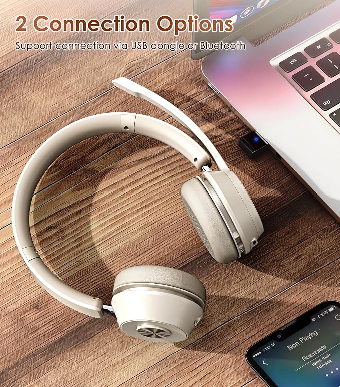 Soothielec Wireless Headset with Mic for Work, Bluetooth Headset with Noise Cancelling Microphone, Headphones with Mic Mute & USB Dongle for PC/Computer/Laptop/Cell Phones/Remote Work/Call Center
