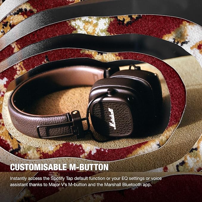 Marshall Major V Wireless On-Ear Bluetooth Headphones - 100+ Hr Playtime | Detachable Audio Cable | Microphone for Calls | Lightweight, Foldable Design for Travel - Brown