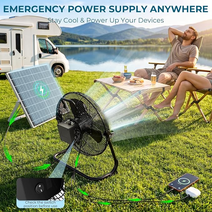 AUMIO 12" Solar Powered Floor Fan, Portable Rechargeable Battery Operated Solar Fan with 13200mAh & 1500 CFM Airflow, Cordless Camping Fan with USB Output, 4.5-27H Runtime for Power Outage, RV, Patio