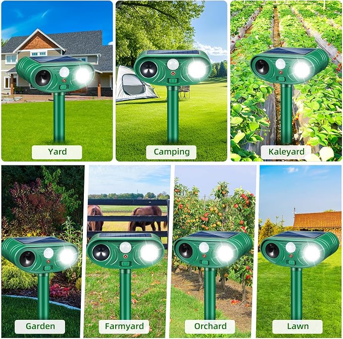 2026 Solar Ultrasonic Animal Repellent IP65 Waterproof Deer Repellent Devices Motion Activated Cat Deterrent Outdoor with Flash Light to Keep Squirrel Rabbit Raccoon Out of Garden & Yard, 4 Pack