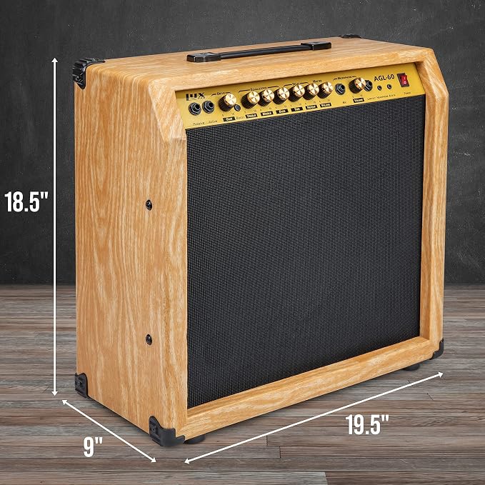 LyxPro 60 Watt Electric Guitar Amplifier | Combo Solid State Studio & Stage Amp with 10” 4-Ohm Speaker, Custom EQ Controls, Drive, Delay, ¼” Passive/Active/Mic Inputs, Aux In & Headphone Jack -Natural
