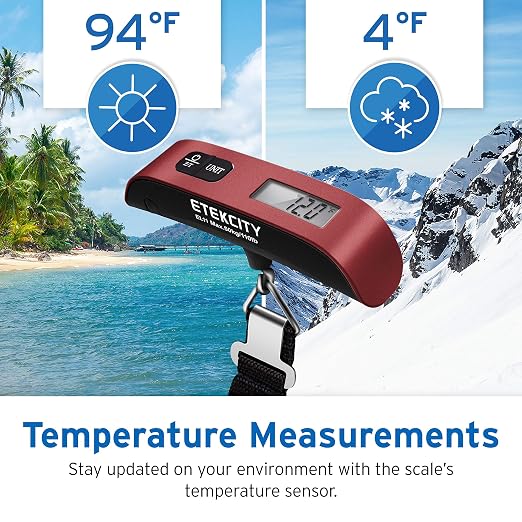 Etekcity Luggage Scale, Digital Weight Scales for Travel Accessories Essentials Suitcases , Portable Handheld Scale with Temperature Sensor, Rubber Paint, 110 Pounds, Battery Included