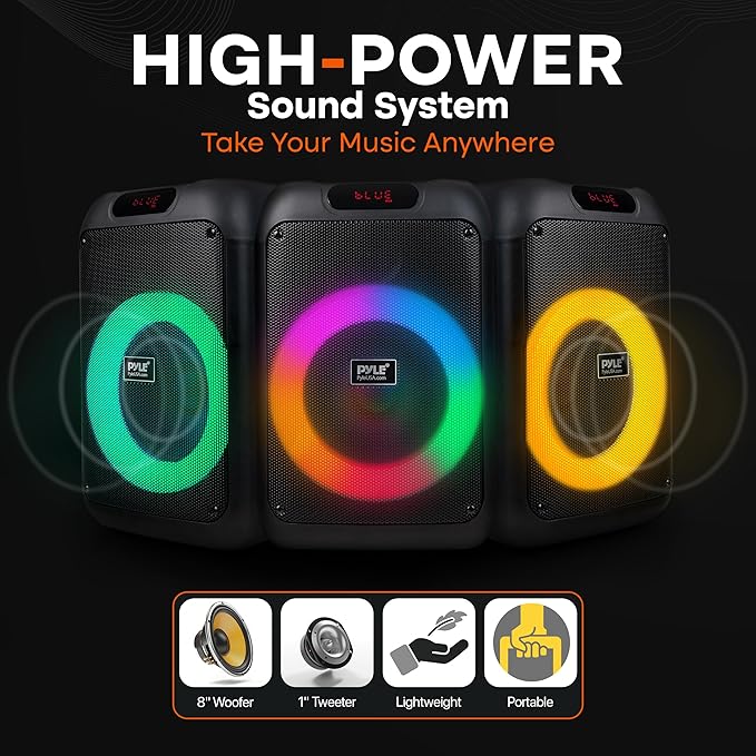 Pyle 100W Bluetooth Karaoke PA Speaker with 8 Inch Woofer, Echo Bass and Treble Control, USB SD Card FM Radio, Mic Input, LED Lights for Home Events and DJ Use
