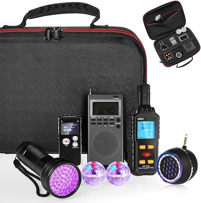 Dunzy 8 Pcs Ghost Hunting Equipment Kit, Include 1 Emf Meter 1 EVP Voice Recorders 1 Spirit Ghost Hunting Research Case 1 Flashlight 1 Speaker 2 Motion Light up Cat Balls 1 Radio(Emf Meter 5, Radio 2)