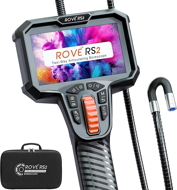 ROVE RS2 Two-Way Articulating Borescope Camera with Light, 1080P Industrial Endoscope Inspection Camera with 180° Articulated Slim 6.2mm Probe, 4.3” IPS Screen, for Wall Automotive, Mechanics, and DIY