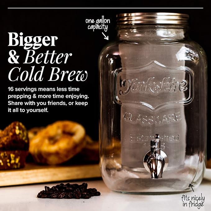 Willow & Everett Cold Brew Coffee & Iced-Tea Maker Pitcher, 1 Gal Glass Dispenser w/Metal Spigot & Mesh Filter Iced Coffee & Sun Tea Brewing System