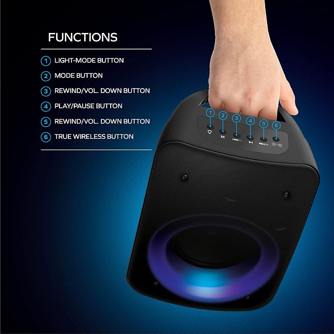 Coby Wireless Bluetooth Speaker, Portable Speaker with 11 LED Light Modes, Built-in Mic Input, and FM Radio for Outdoor Use, Rechargeable Battery, Micro USB, AUX Port, and TF Card Slot, 7-Hour Play