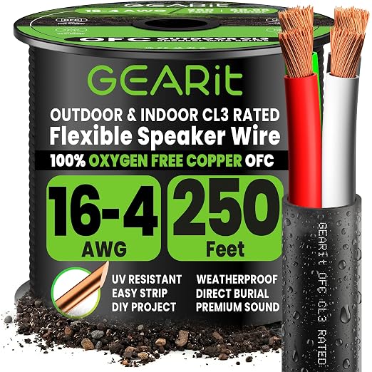 GEARit Outdoor Speaker Wire CL3 Rated, 16 Gauge Speaker Wire, Speaker Cable 250 ft for Outdoor Speakers, Patio, Garden, Backyard Audio, Direct Burial in Ground/in Wall, OFC (Black, 4-Conductors)