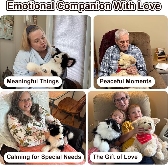 Chongker Interactive Companion Robot Cat, Weighted Breathing Stuffed Animals, Cat Plush Toy with Meow Voice, Breathing, Response, Realistic Heartbeat and Purring (Border Collie)
