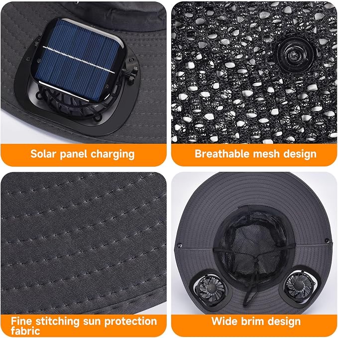 Fishing Hat with Built in Fan, Wide Brim Solar Fan Hat Outdoor Fishing, Solar & USB Charging Sun Bucket Hats for Men Women