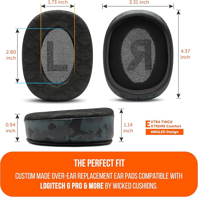 WC Freeze V2 G PRO X – Angled Cooling Gel Earpads Compatible with Logitech G Pro X Series by Wicked Cushions | Angled Pads for Extreme Comfort, New Freeze V2 Cooling Fabric, Extra Thick | Black Camo