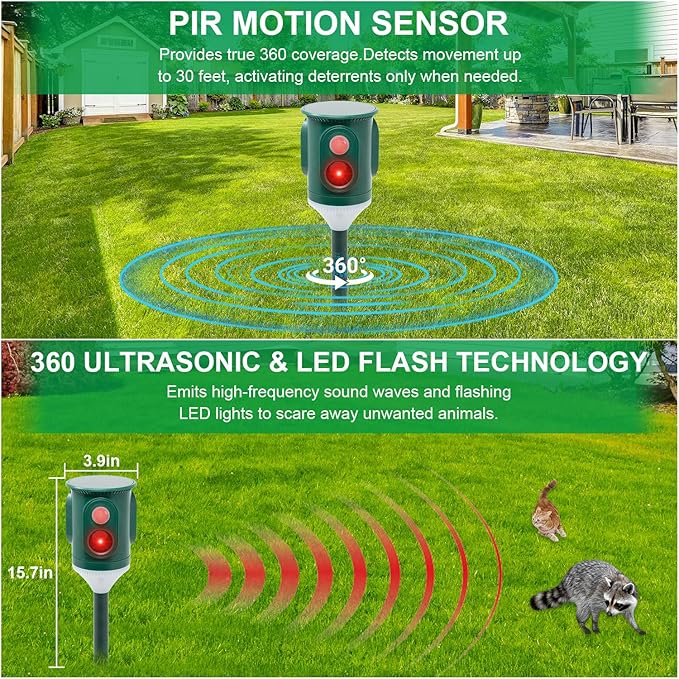 Solar Ultrasonic Animal Repellent Outdoor 360° Motion Activated Pest Deterrent with Strobe Light, Waterproof Garden Protection for Cats, Dogs, Squirrels, Raccoons,Skunks, Rabbits, Coyotes