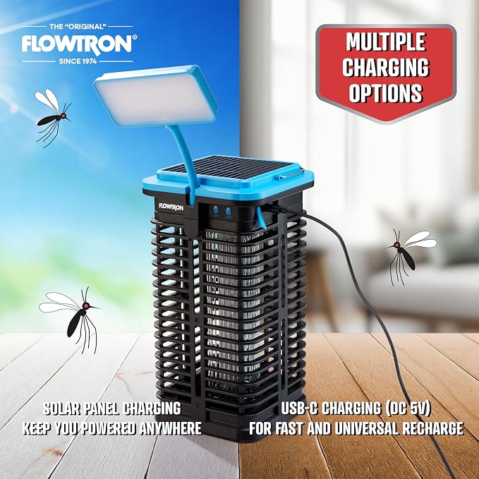 Flowtron Solar Bug Zapper | Portable Electric Insect Killer with UV Light & LED Lamp | USB-C and Solar Charging for 4000 mAh Battery | 530 Sq Ft Coverage from Gnats, Flies for Patio, Yard, Camping