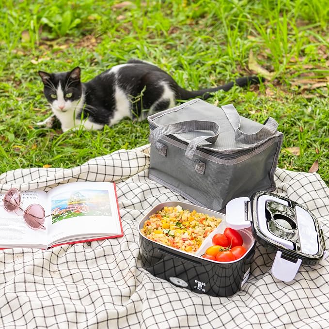 Moss & Stone Electric Lunch Box Food Heater for Adults Black & White Food Warmer Lunch Box, 12/24/110v Lunch Box Warmer Portable For Work/Car/Truck, Fork & Spoon & 1.5L Removable S.S Container