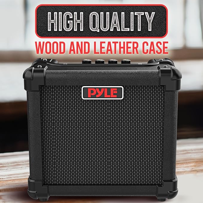 Pyle Portable Electric Guitar Amplifier - Battery or Wall Power 10 Watts Mini Instrument Amp with 5-Inch High Definition Speaker, Volume, Bass, Treble, Distortion, Gain Controls, AUX Input