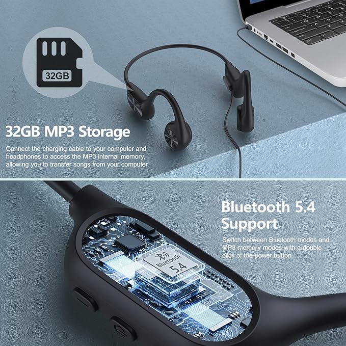 Bone Conduction Headphones for Swimming, IPX8 Waterproof Swimming Headphones with 32GB MP3 Memory and Bluetooth 5.4, Underwater Earbuds Secure Fit Open Ear Sports Headphones for Running, Cycling