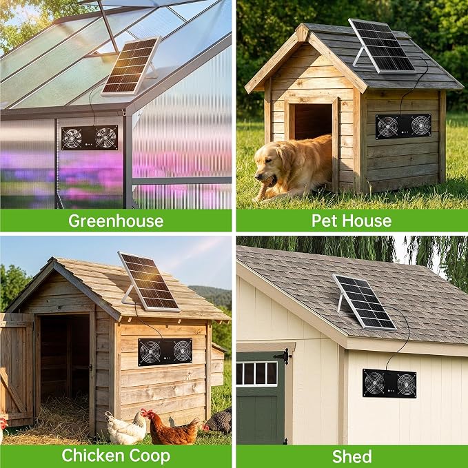 ropelux Solar Fan for Chicken Coop, Solar Powered Dual Exhaust Fans with 18000mAh Battery & 2 Timers, 24/7 Strong Airflow Cooling Ventilation for Greenhouses, Dog Houses, Attics, Sheds, Cabins