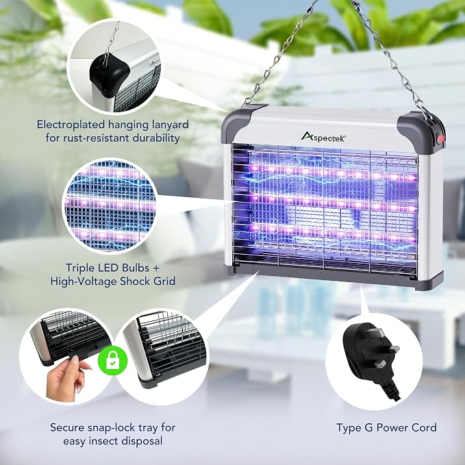 ASPECTEK Dual-Spectrum LED Bug Zapper Indoor, High-Voltage Electric Grid Mosquito and Fly Trap, 3 Long-Life UV LED Lamps 395nm, Kills Gnats, Moths, Wasps and Fruit Flies