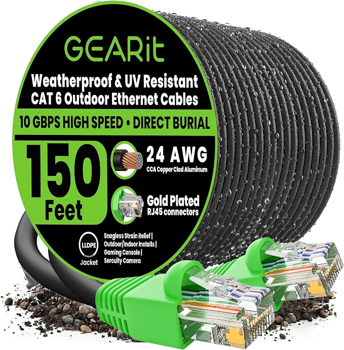 GEARit Cat6 Ethernet Cable 150ft, Outdoor Direct Burial Cat 6 Cable 24AWG High Speed Up to 10Gbps, LLDPE (PE) UV-Resistant Waterproof Jacket, CCA RJ45 Network Internet Cable for Router- Black