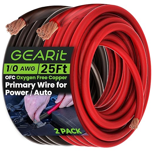 GEARit 0 Gauge OFC Wire 25 ft Black Red Set, 1/0 OFC Wire 25 ft Battery Cable, Oxygen-Free Copper Power Ground Wire for Car Audio Amp, RV, Marine