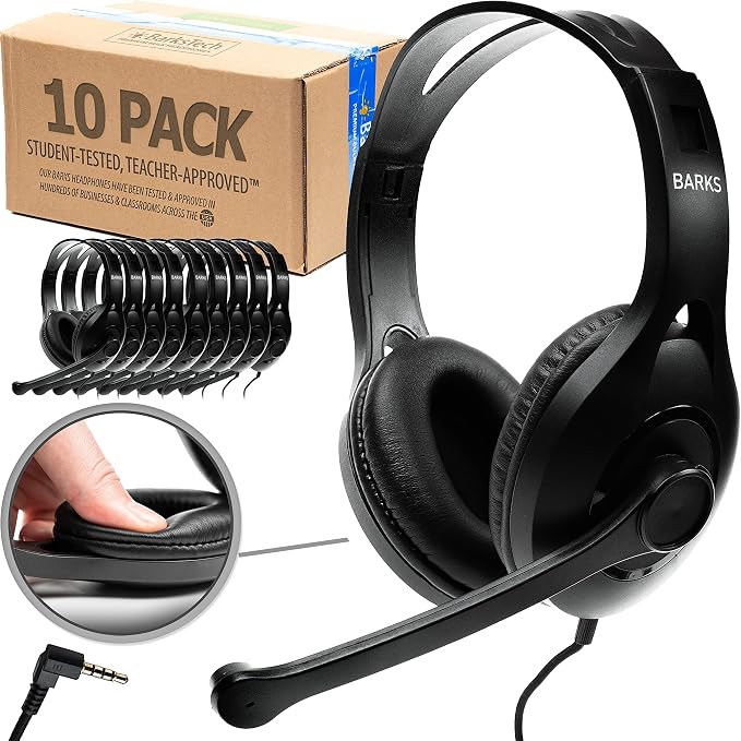 Barks Classroom Headphones with Microphone Bulk 10 Pack (Black, 3.5mm) | Durable Everyday Student Use, Headsets with Mic, Adjustable Fit All-Day Comfort, Clear Voice, Easy Clean, K-12 School Testing