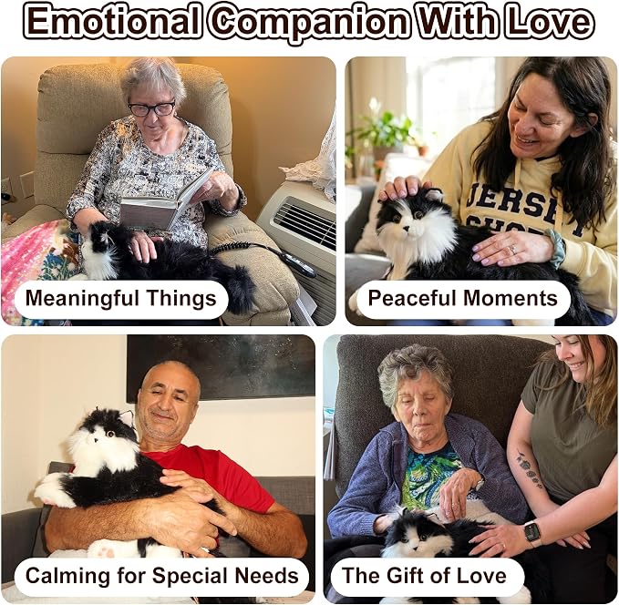 Chongker Interactive Companion Robot Cat Pets, Handmade Weighted Stuffed Animals, Cat Plush Toy with Voice Response, Realistic Heartbeat and Purring, Black Cat